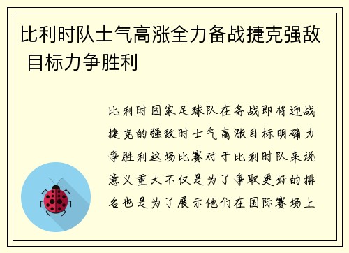 比利时队士气高涨全力备战捷克强敌 目标力争胜利